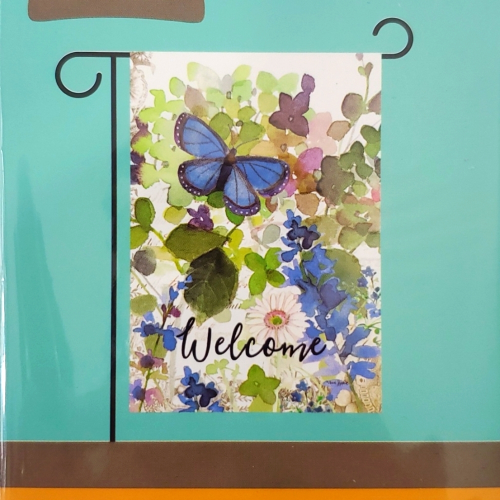Rain or Shine Welcome small garden flag 12.5" x 18" butterfly and flowers